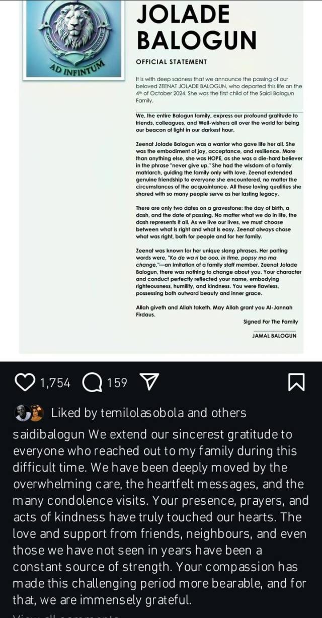 Saheed Balogun Thanks Well-Wishers for Support After Daughter's Passing